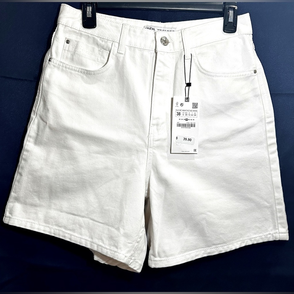 Zara White Jean Shorts with Cuffed Hem